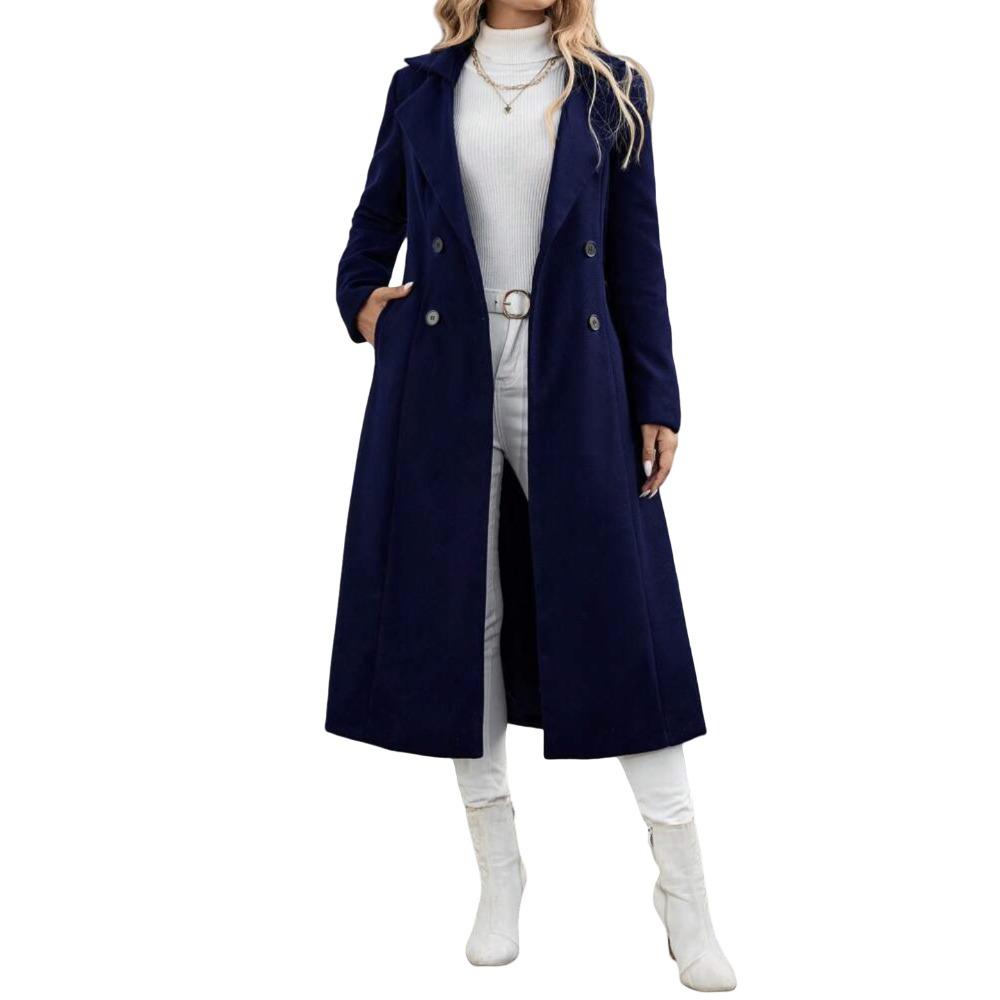 Women's Lapel Long Sleeve Maxi Wool Coat Loose Fit Double Breasted Overcoat With Self Tie Belt Plaid Solid Color Winter Outerwear