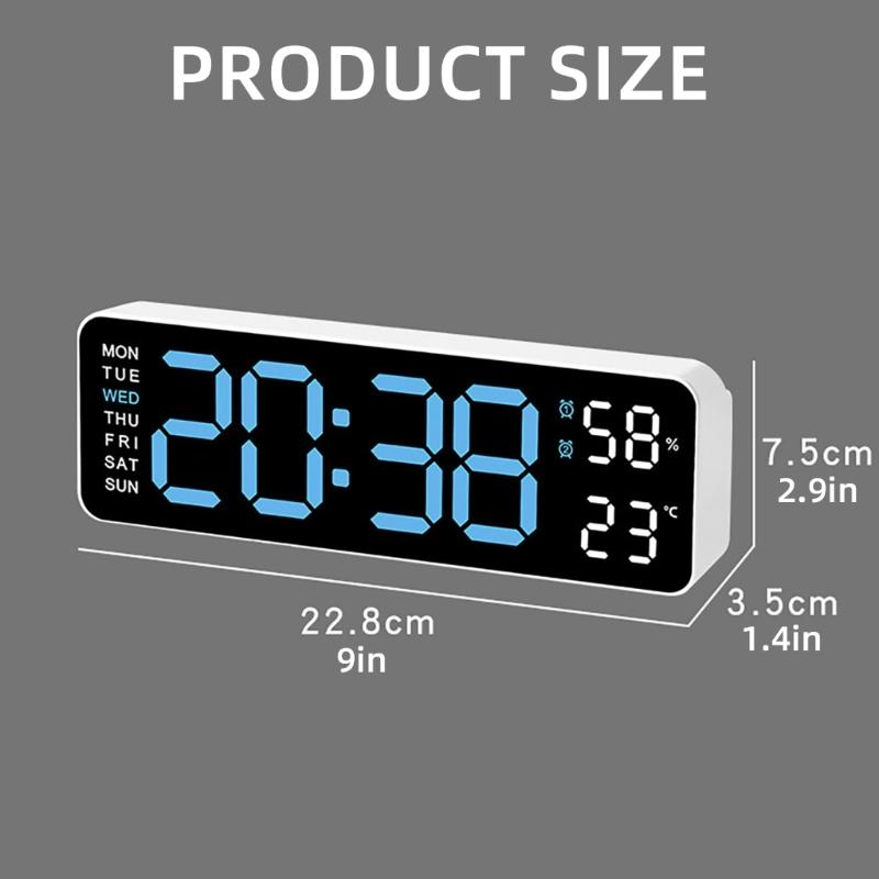 Multifunctional LED Wall Clock with Temperature Display Adjustment Brightness and 2 Alarms 12/24 Hour Memory Function