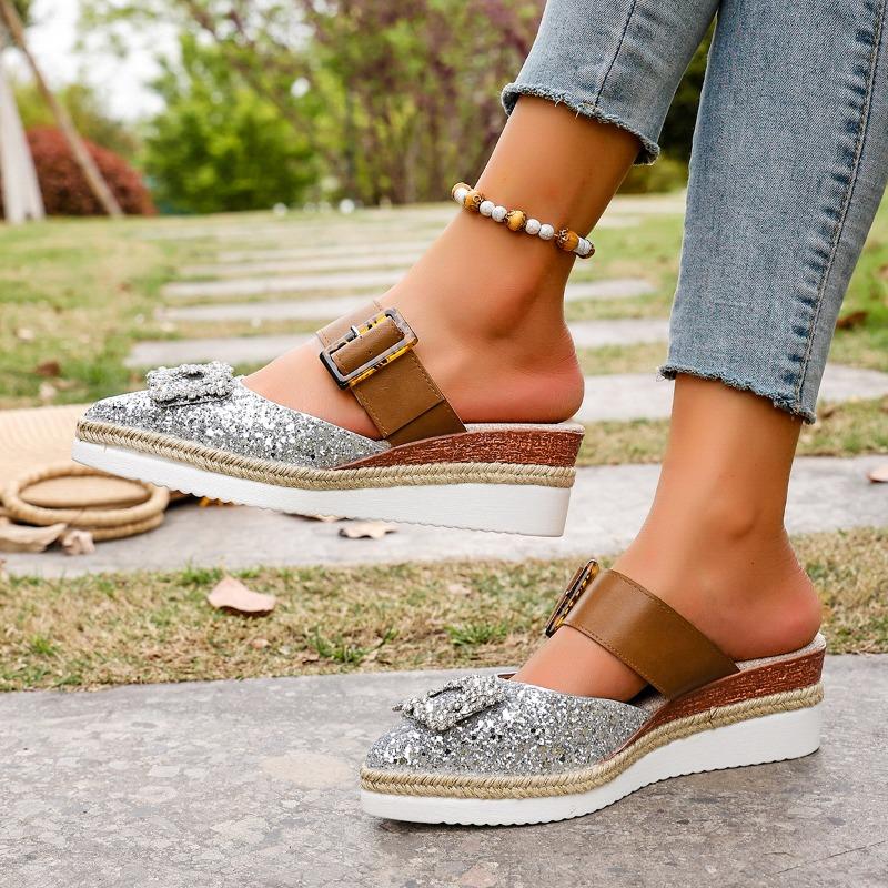 Fashion Sequin Square Buckle Wrapped Slippers Summer New Pointed Toe Shallow Mouth Lightweight Hemp Rope Wedge Flip-Flops