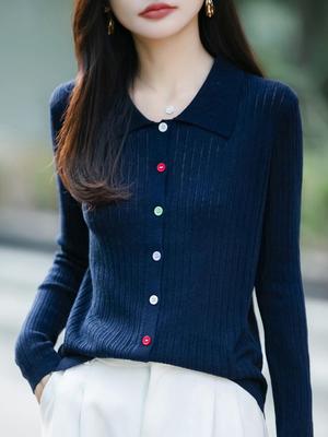 Stylish Women's Polo Collar Knitted Cardigan with Colorful Buttons - Korean Style, Age-Reducing Design.
