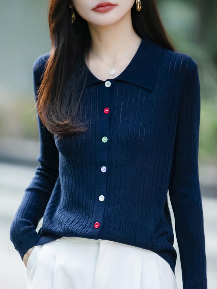 Stylish Women's Polo Collar Knitted Cardigan with Colorful Buttons - Korean Style, Age-Reducing Design.