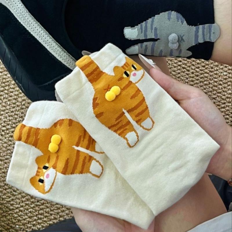 2 Pairs Cartoon Cute Cat Balls Cotton Socks Kawaii Lolita Knitting Socks Women Girls Middle Tube Sleep Sock Cat Print Floor Sock