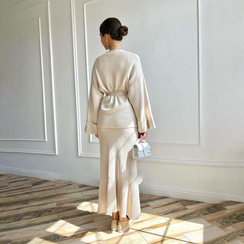 2025 Autumn European & American V-Neck Tie-Waist Short-Sleeve High-Waisted Skirt Set