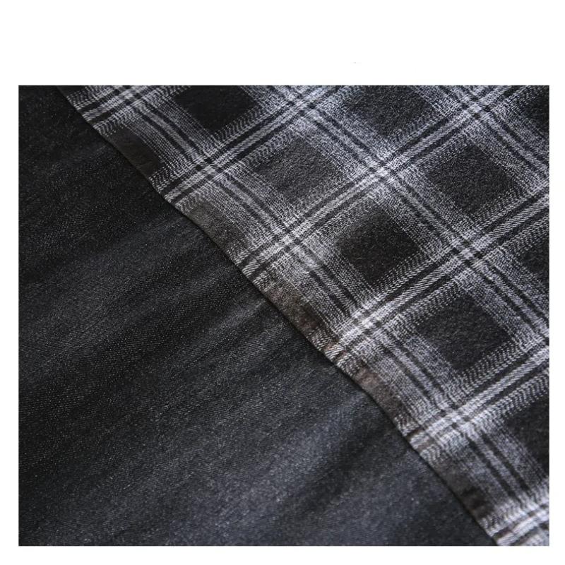 Frühlings-/Herbst-Freizeit-Denimhemden aus reiner Baumwolle für Herren Streetwear Zwei gefälschte Teile Karopatchwork Lockere Hemden Gewaschenes schwarzes Jeanshemd