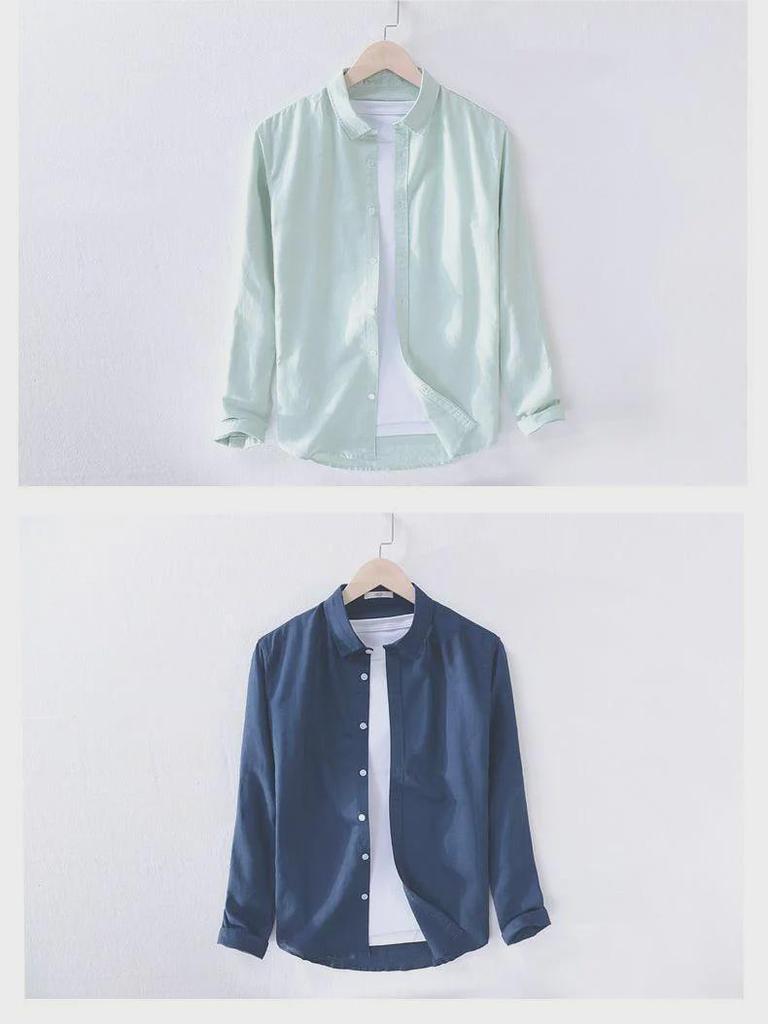 Men's White Long-Sleeve Linen Shirt - Casual Spring/Summer Lapel Style