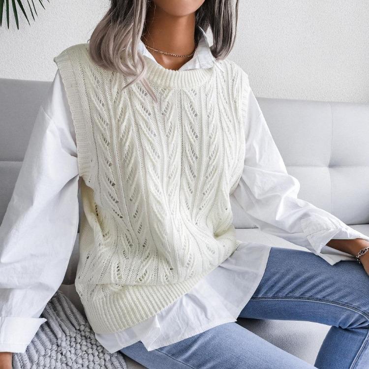 Women Crew Neck Sleeveless Knit Sweater Solid Color Tank Top Cutout Leaf Design Fall Winter Sizes S-L