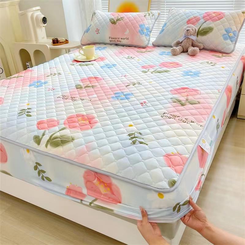 Soft Brushed Thicken Quilted Mattress Cover Breathable Anti-mites Al-inclusive Queen Size Bed Cover Not Included Pillowcase