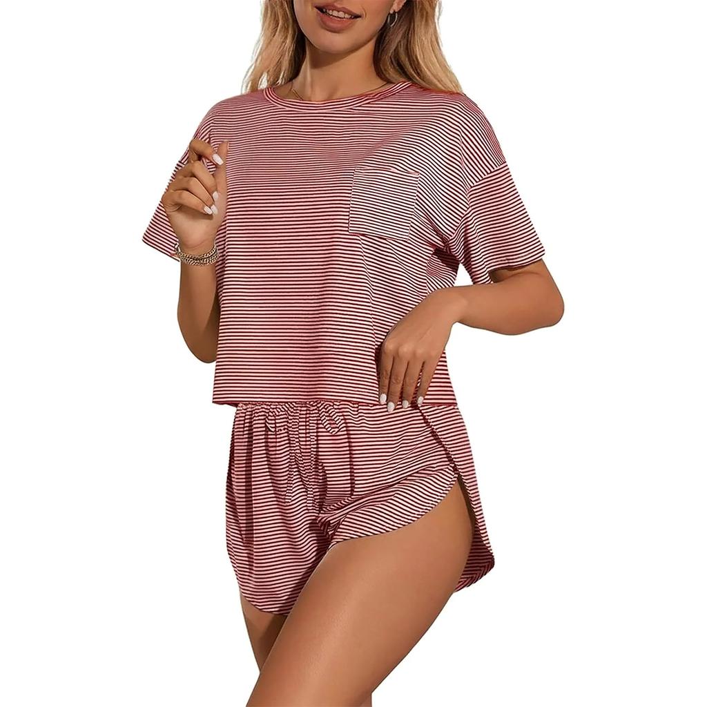 Women's Pajama Set Short Sleeve Striped Printed Two-piece Loungewear  Neck Pajamas Split Shorts Set Soft Sleepwear