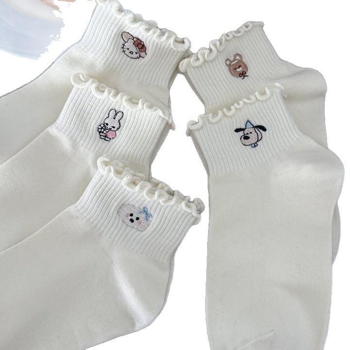 Korean Lolita Lace Ruffle Low-Cut Socks with Cute Animal Embroidery