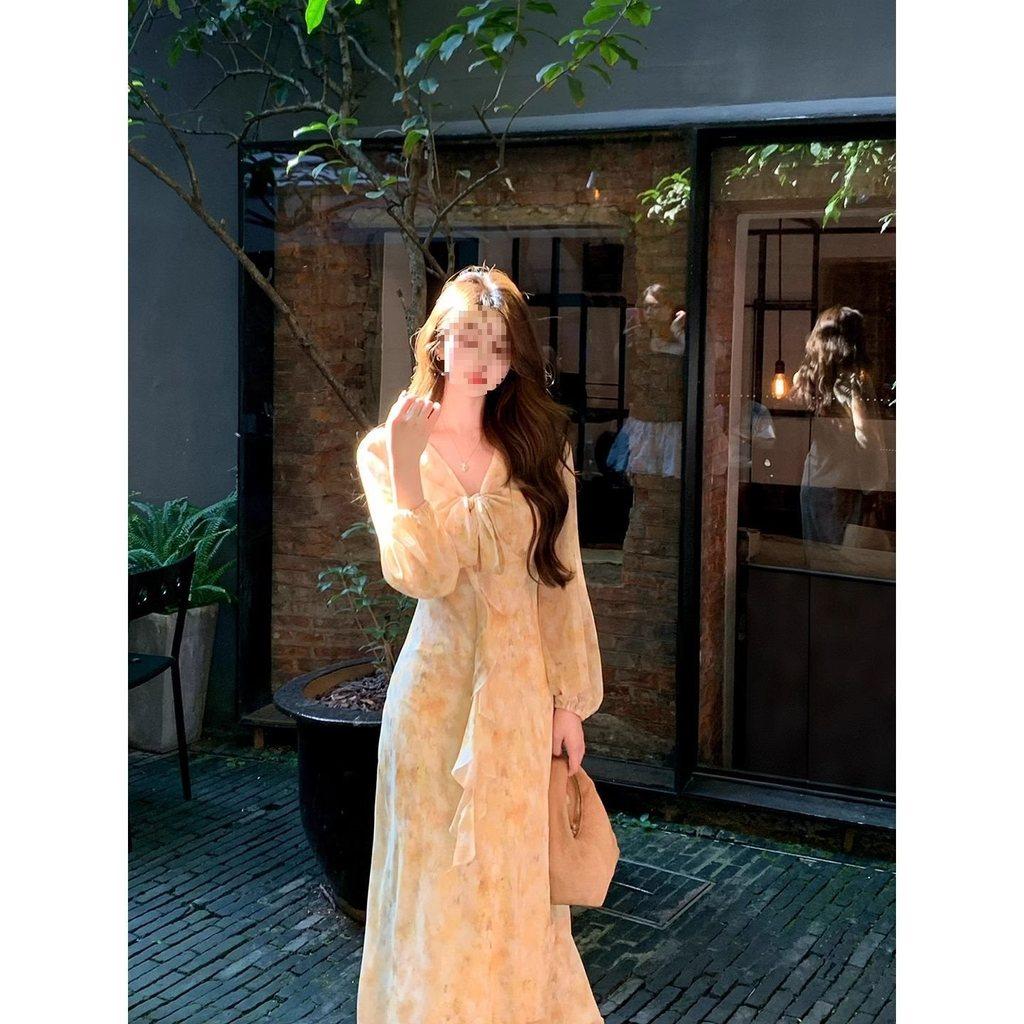 Bahar Modası İçin Fırfırlı Etekli Vintage Fransız Çiçekli Uzun Kollu Elbise