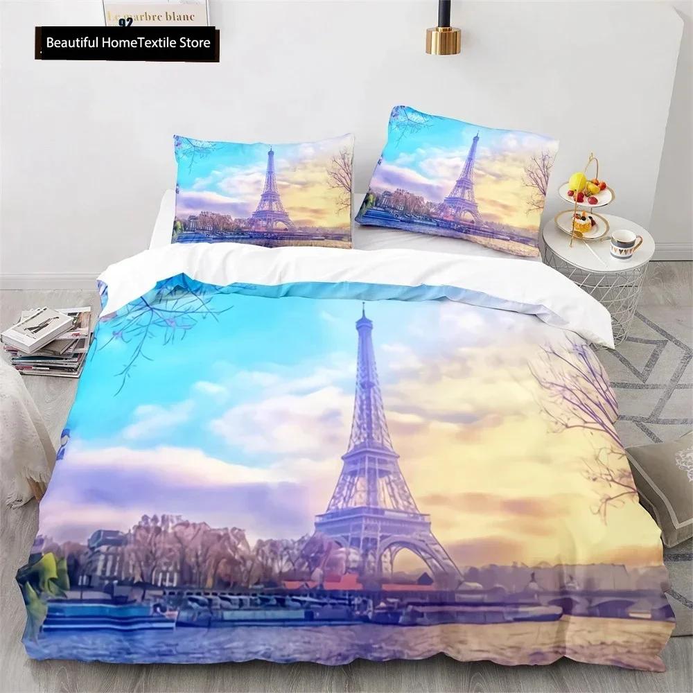 Comforter Luxury New 3D Print Eiffel Tower Lake Colourful Cloud Beautiful Landscape Bedding Set King Size Comforter