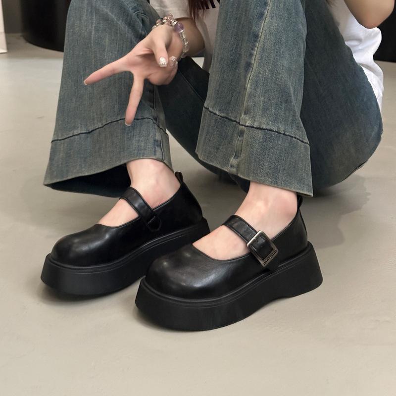 2025 New Baita Black Women's Shoes Mary Jane Small Leather Shoes Retro British Style Japanese One-word with Shallow Mouth Single Shoes