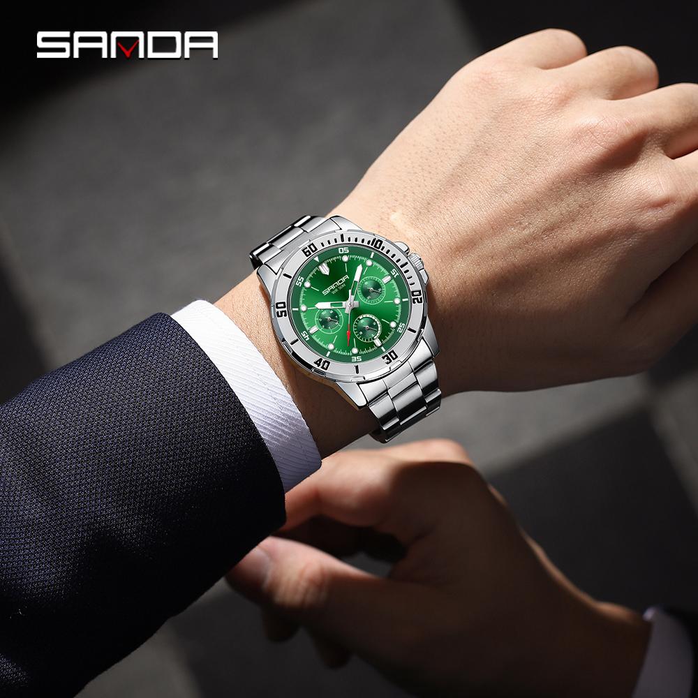SANDA Neue Luxus-Herren-Quarzuhr mit großem Zifferblatt, Nachtlicht, wasserdicht, Kalender, Business-Herren-Quarzuhr