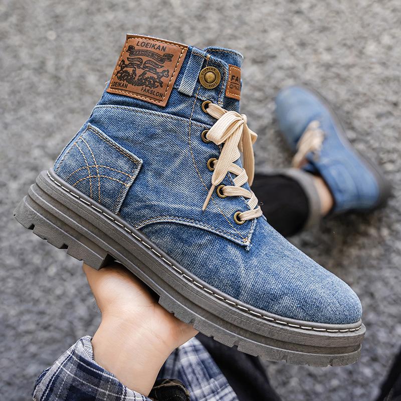

Autumn Mens High Top Boots Retro Denim Canvas Ankle Boots for Men Retro Motorcycle Shoes Street Platform British Men s Boots New 39 синий
