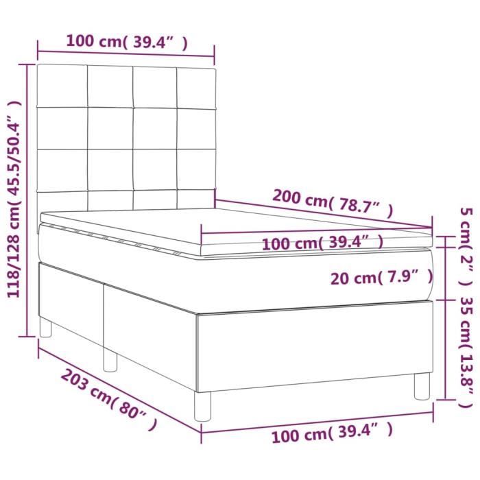 3142316 vidaXL Lit à sommier tapissier avec matelas Marron foncé 100x200 cm