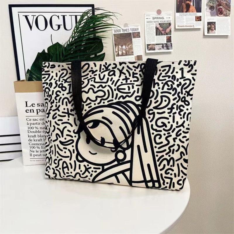 New Kitten Handbag Canvas Bag Tote Bag Colorful Cat Print Tote Bag Women's Large Capacity Leather Handle Shopping Bag Casual Shoulder Bag