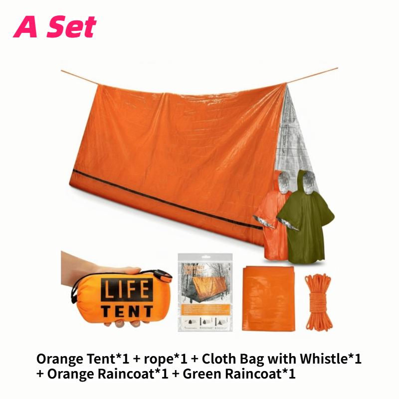 Überlebensset mit einem Unterschlupf, zwei Regenmänteln, einer PE-Zeltseiltasche und einer Pfeife für Wandern, Camping, im Auto, Notfälle