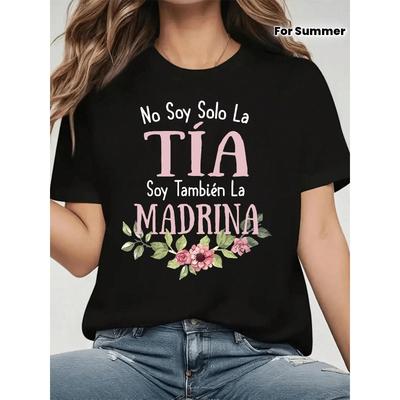 T-shirt da Donna Stampa Famiglia Madrina Spagnola Girocollo Manica Corta Top Casual Estivo Primaverile