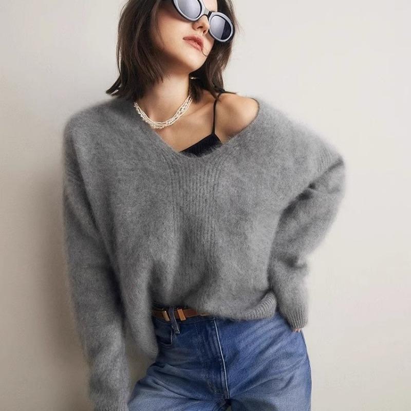 Toamnă Iarnă Gât în V Culoare Solidă Tricot Fund Femei Casual Modă Pulover Pulover Bluză Blană de Nurcă Faux