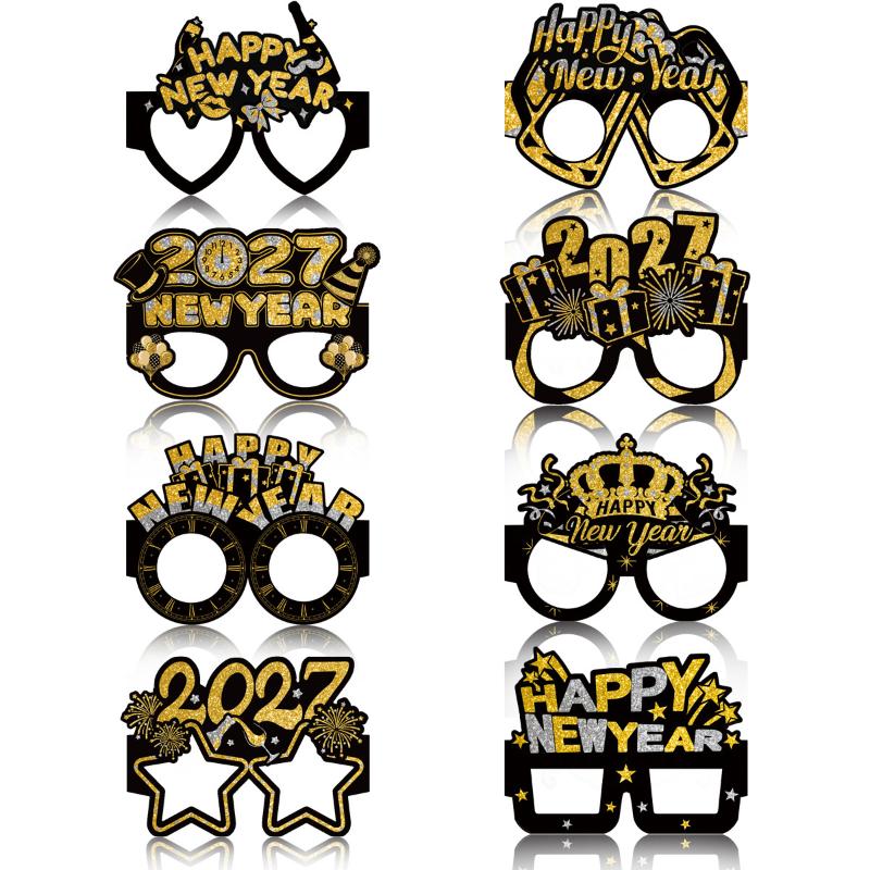 8 Pcs 2027 Happy New Year Party Paper Glasses Black Gold Birthday Party Decoration Photo Prop