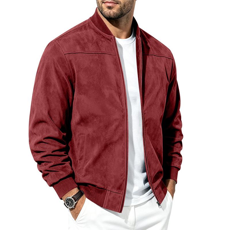 Men Faux Suede Bomber Jacket Zip‑Up Baseball Collar Casual Long Sleeve Outerwear Lightweight Fall Pilot Coat