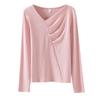 Spring Autumn V-neck Solid Color T-shirt Women Long Sleeve Chic Buttons Pullover Top Female Slim Bottomed Tee