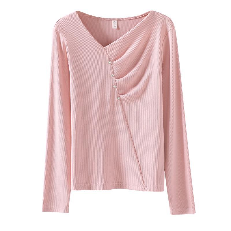 Spring Autumn V-neck Solid Color T-shirt Women Long Sleeve Chic Buttons Pullover Top Female Slim Bottomed Tee