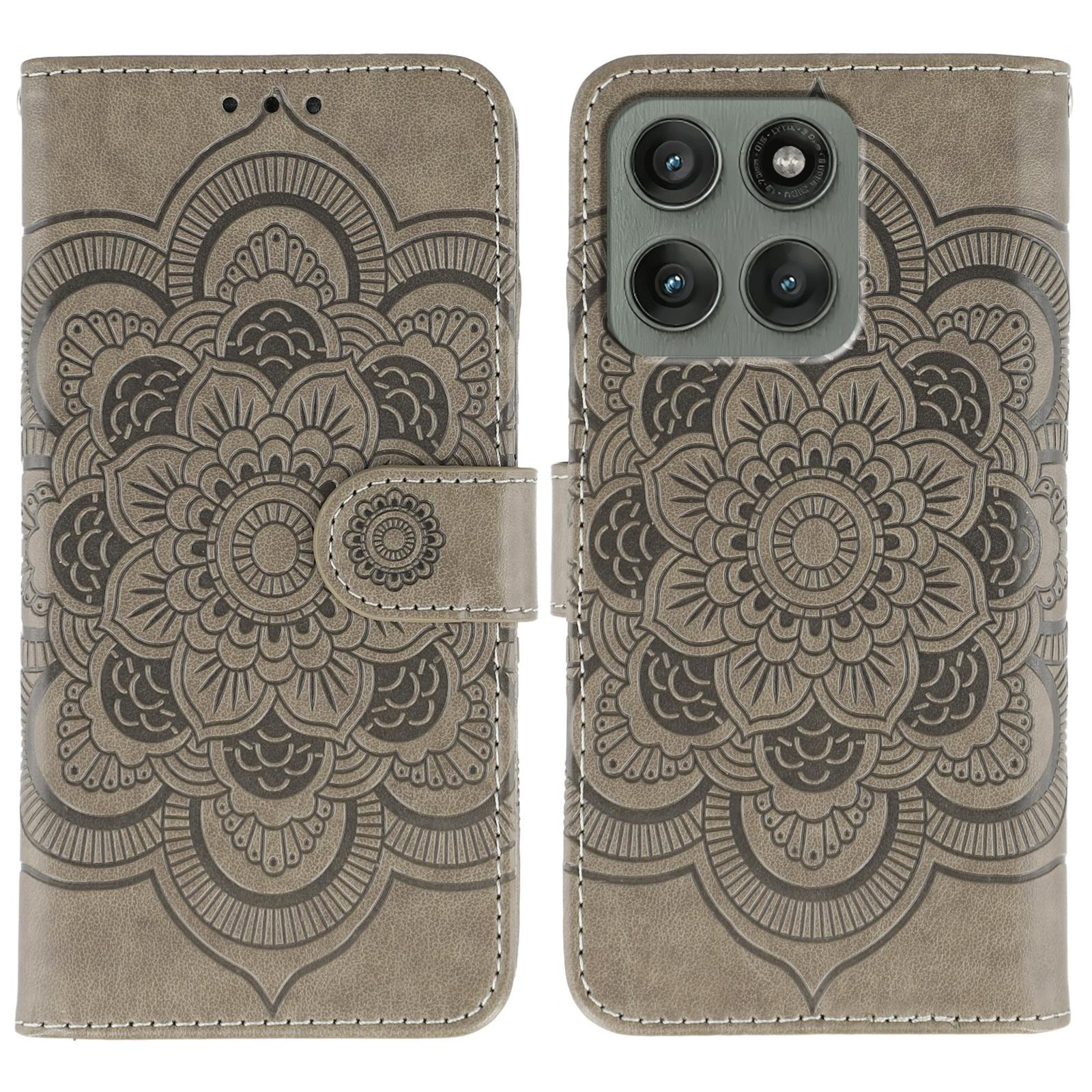

For Motorola Edge 60 Pro 5G Case PU Leather Mandala Imprinted Design Wallet Phone Cover Grey