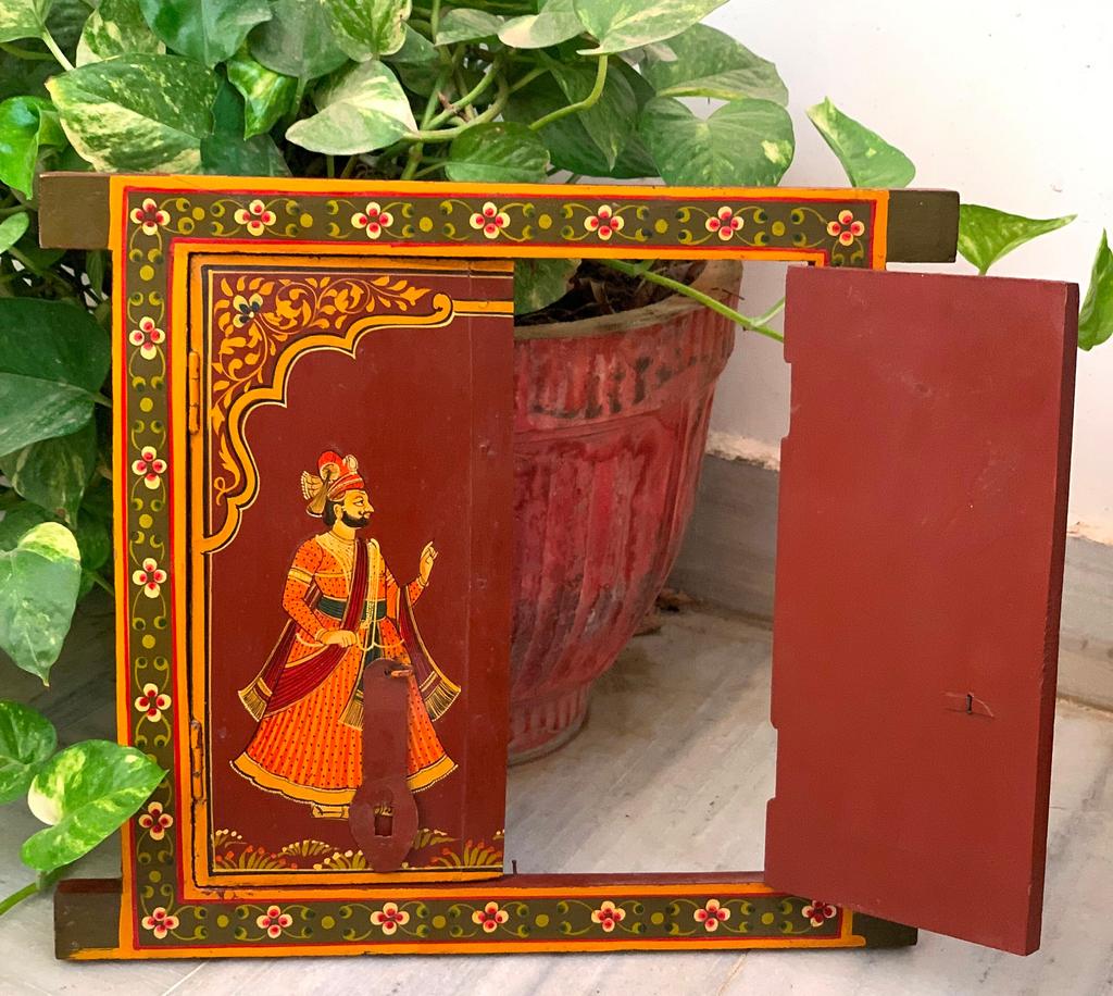 Antique Painted Indian Jharokha Window: Royal King Wall Hanging