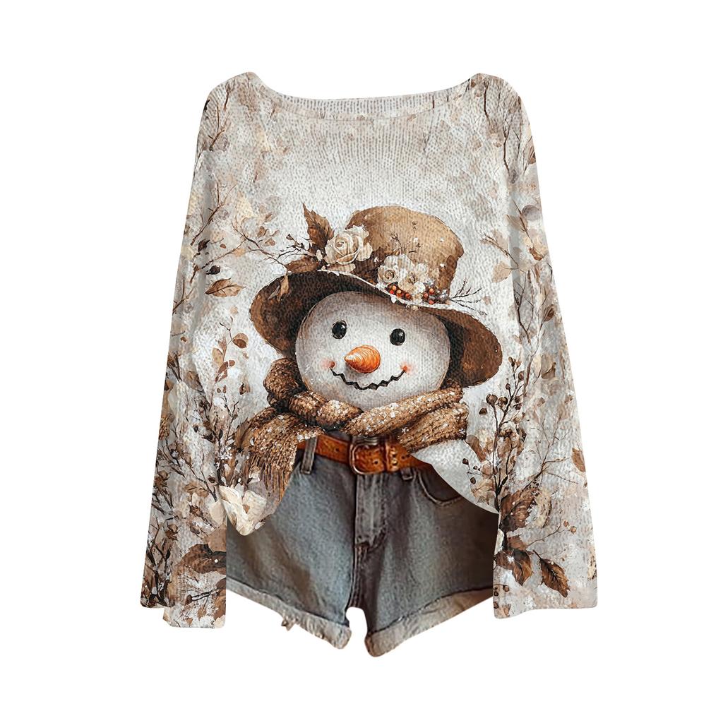 Women's Fashion Christmas Print Lightweight Sweater Casual Long-Sleeve Knit Pullover Top