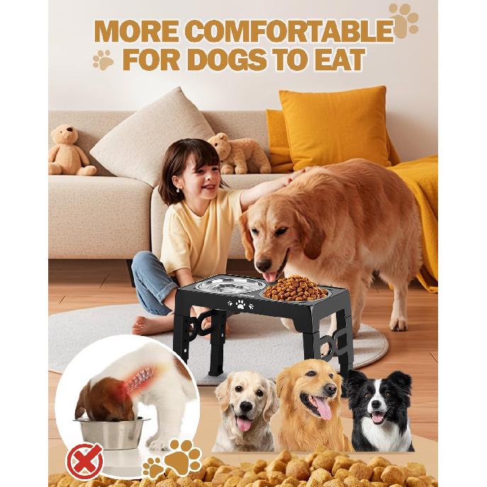 Elevated Dog Bowls, Dog Feeder with 2 Stainless Steel Dishes &1 Slow Feeder Bowl, 5 Heights Adjustable Raised Stand for Medium Large, Food Dishes