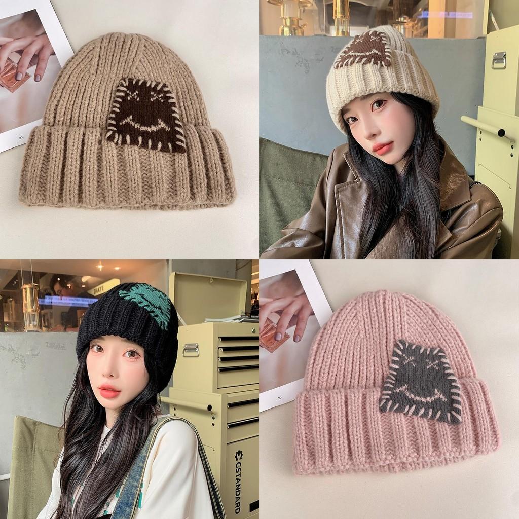 Expression Pattern Embroidery Knit Hat Women Autumn Winter Warm Thick Earmuff For Casual Outdoor Use