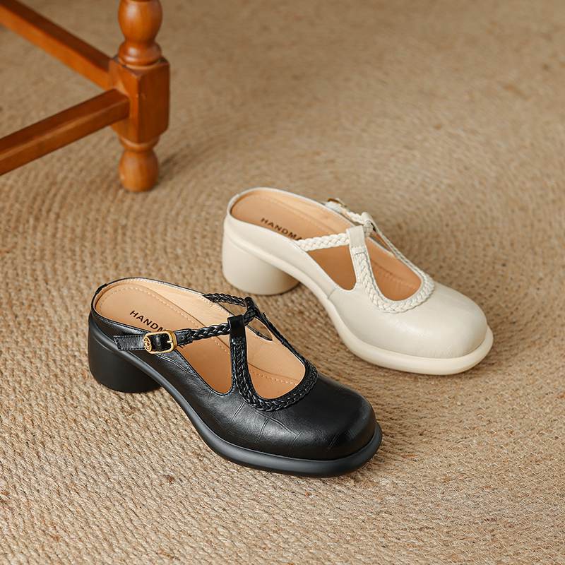 Krazing Pot Cow Skin Round Toe Size 42 Thick Round Med Heels Slip on Platform Mules Gladiator Autumn Pumps