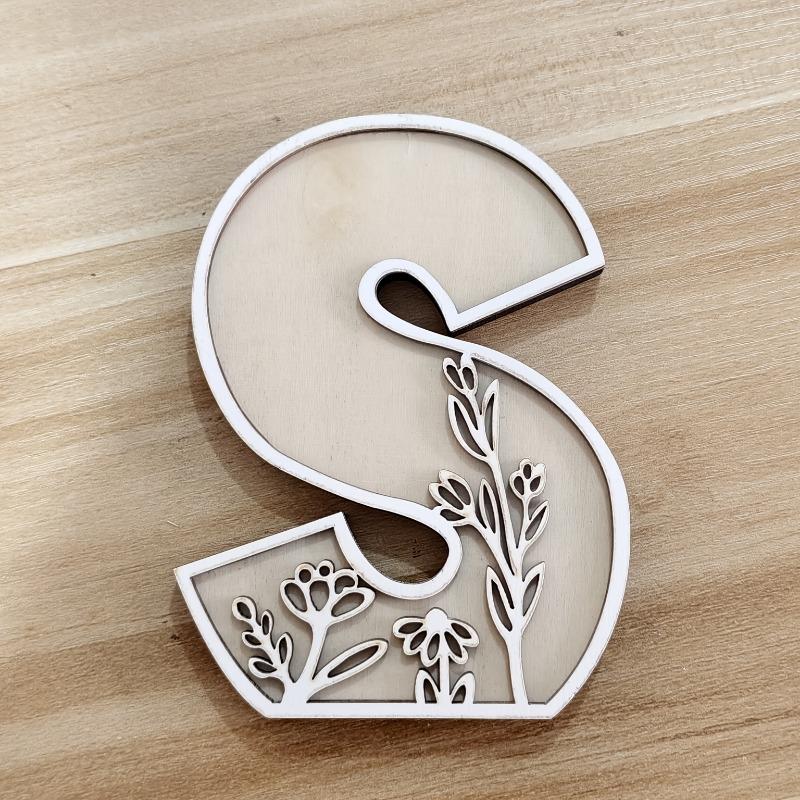26pcs Wooden Alphabet Letters Wall Decor Set, Engraved Floral Pattern, Home Craft Ornaments, Elegant Display for Living Room