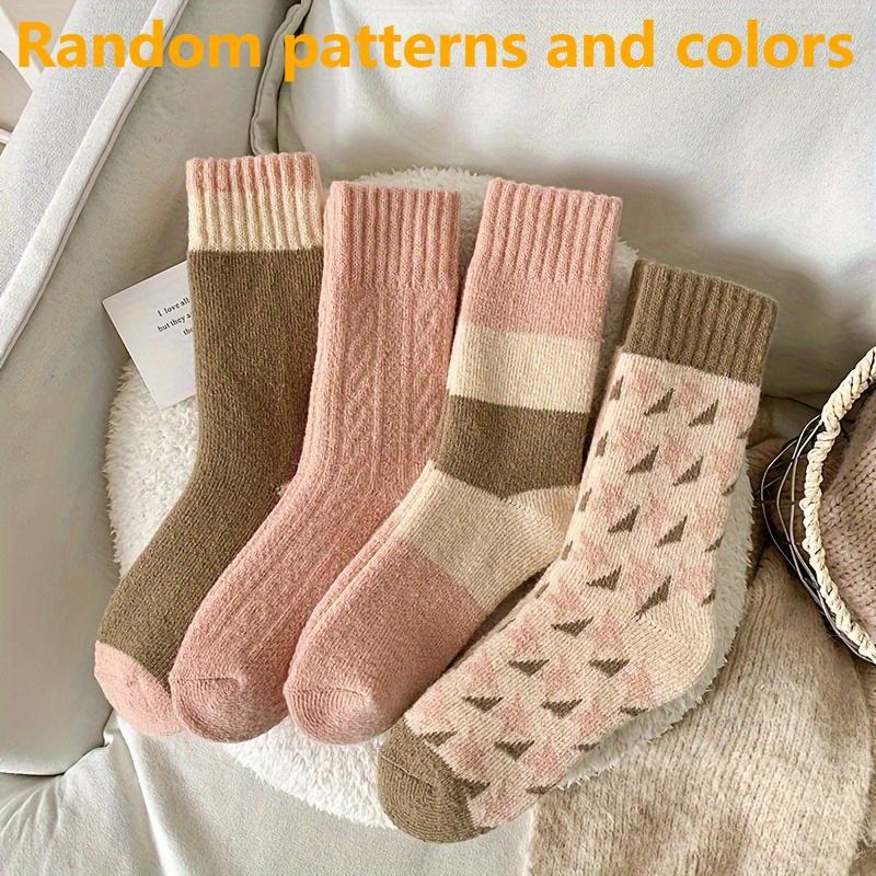 

Winter Warm Thick Socks for Women Vintage Color Block Knit Crew Socks Soft Cozy Thermal Socks for Cold Weather Home Daily Use One Size