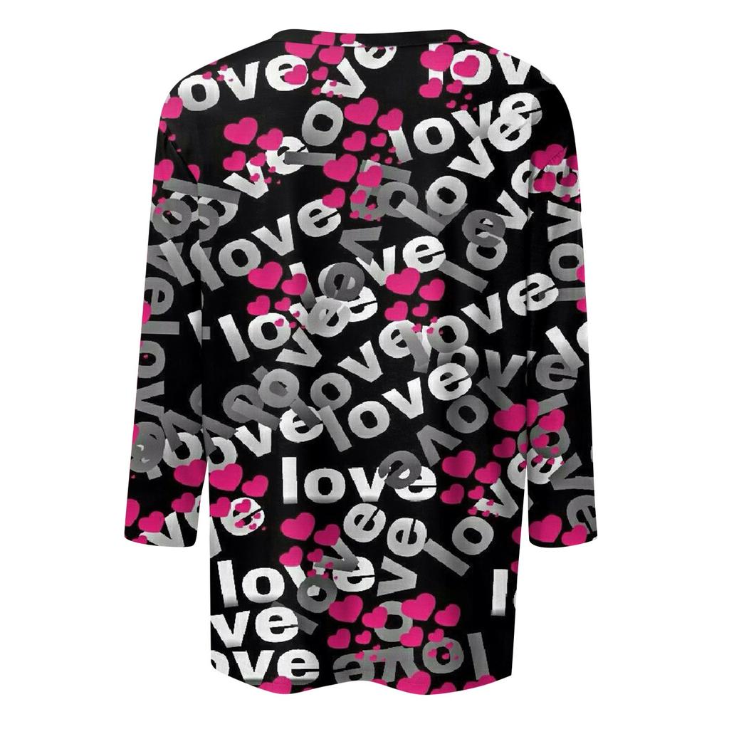 Women's Fashion Casual Round Neck 3/4 Sleeve Loose Valentine's Day Printed T-Shirt Ladies Top