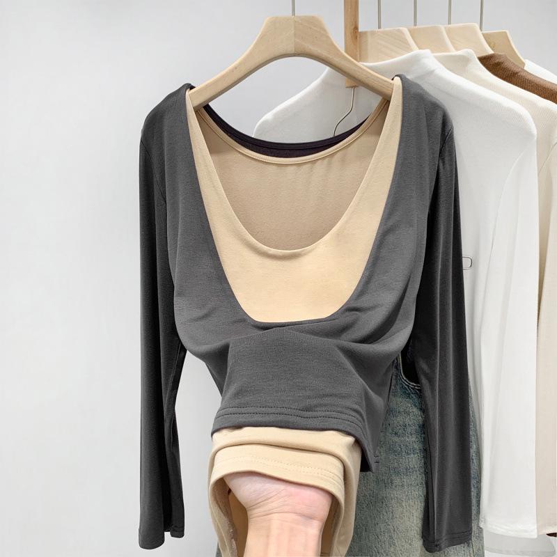 Women's Two-Tone Long-Sleeve Layered T-Shirt: 2026 Autumn/Winter Style, Versatile Inner or Outerwear