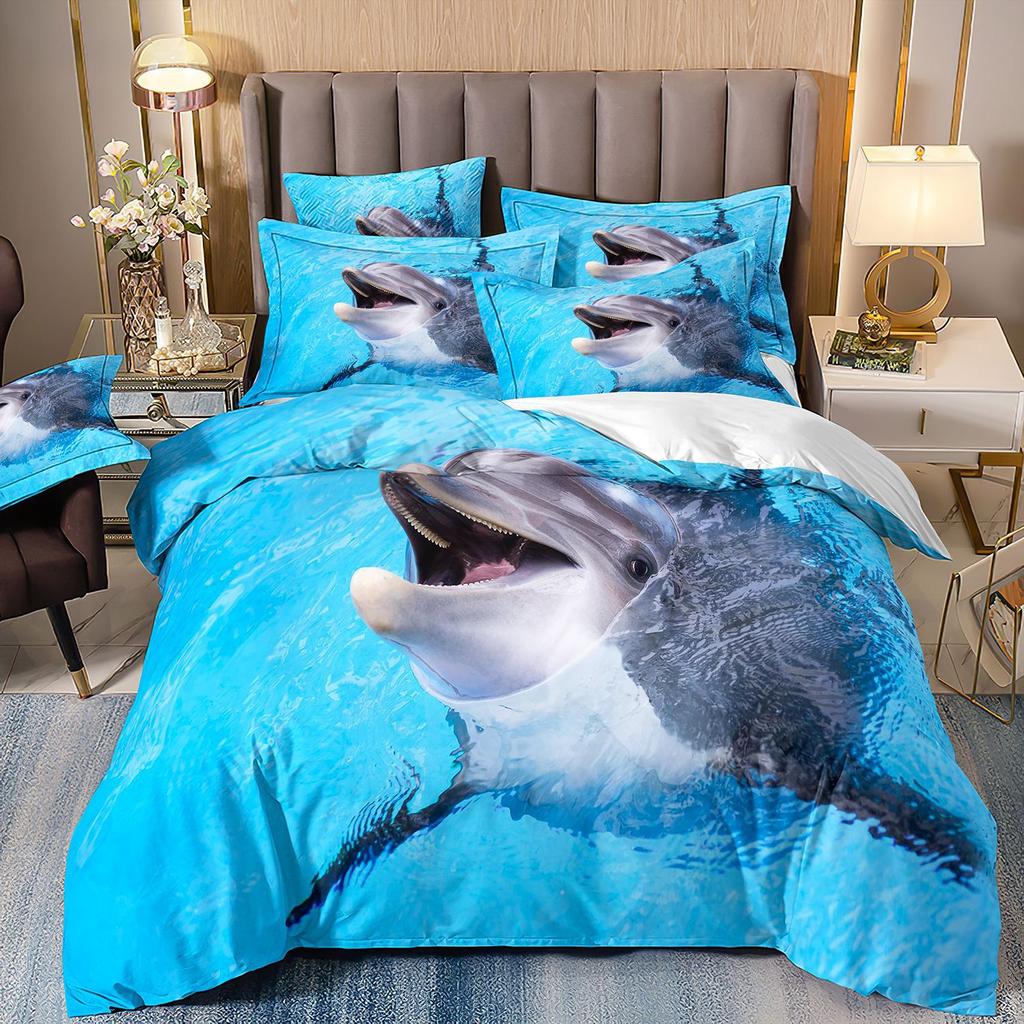 3D-gedruckte Heimtextilien Bettwäsche Delfin Meeresschildkröte Meerestier Quilt-Set Dreiteiliges Set