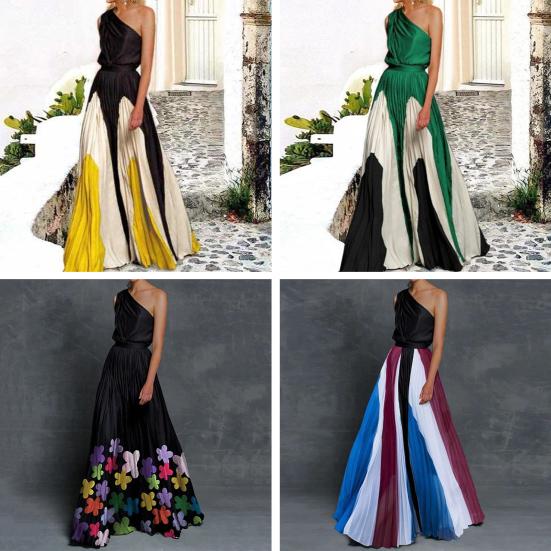 1 Set Bankettkleid Kontrastfarbe Atmungsaktiv Bodenlang Großer Saum Abendkleid