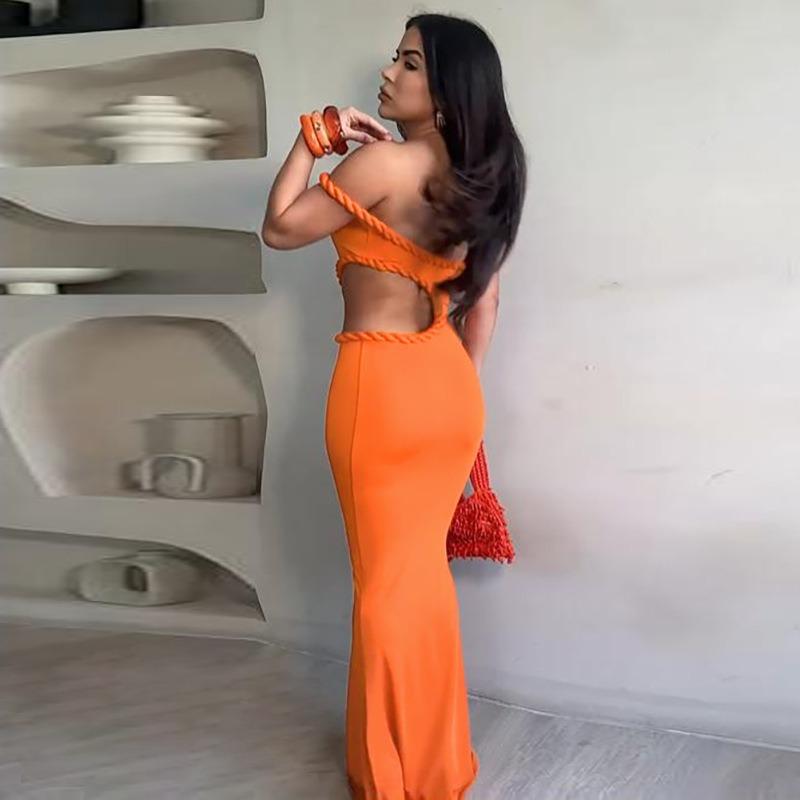 Women Sexy Off Shoulder Hollow Out Waist Exposed Slim Fit Bodycon Long Dress