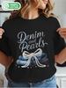 Denim and Pearls Bow Stacked Jeans Graphic T-shirt