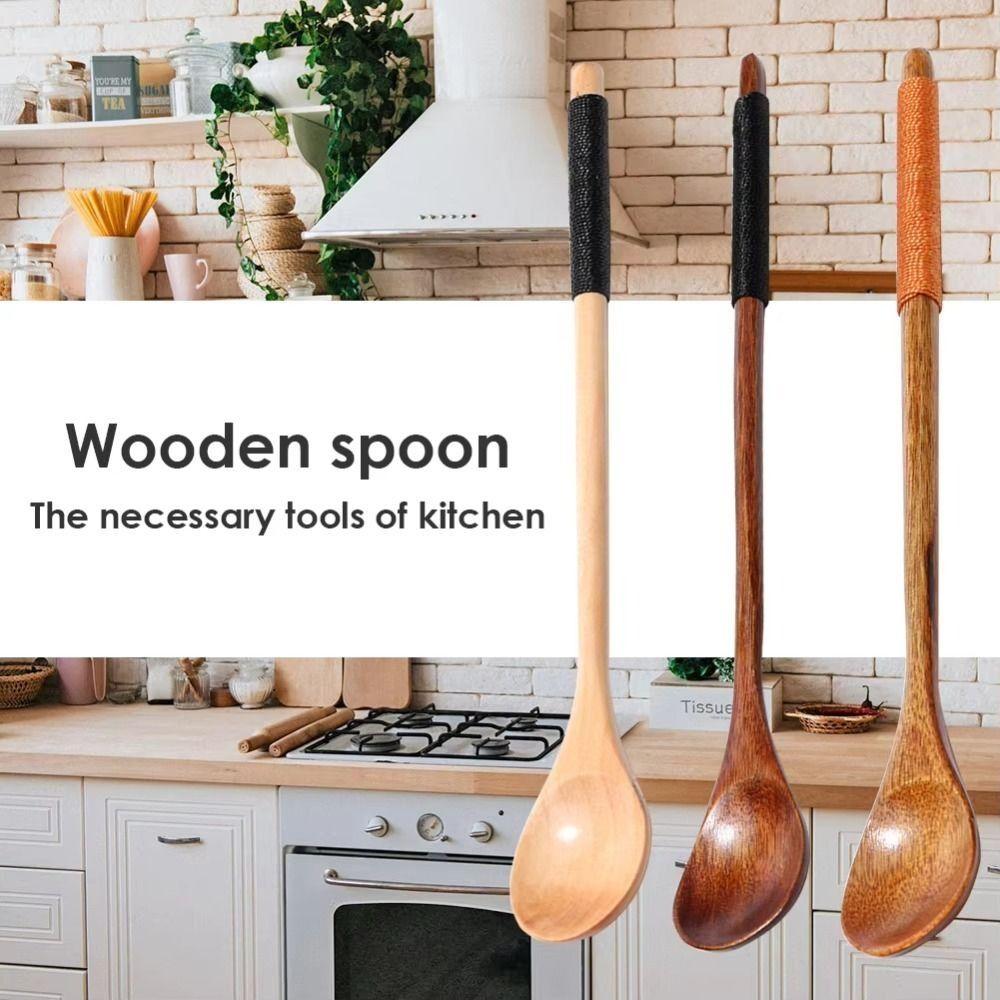 3Pcs Eating Wooden Spoon Long Handle Milk Stirring Spoon High Quality Coffee Teaspoon  Rice