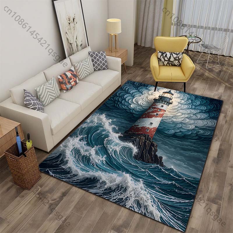 

Stormy waves lighthouse swirling clouds glow Print Carpet for Living Room Bedroom Sofa Home Decor Non-slip Mat Luxury Gift 40x60cm