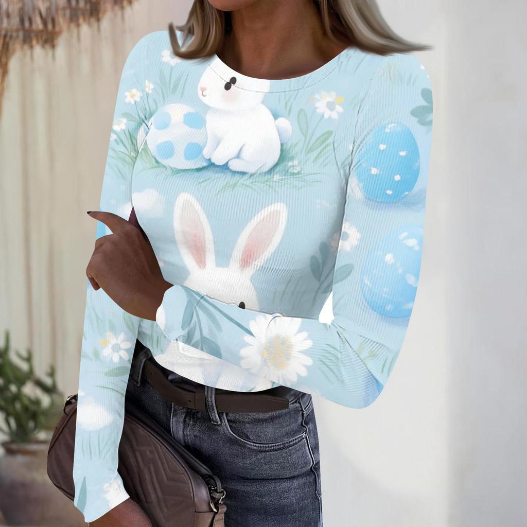 Women's Casual Fashion Round Neck Easter Print Long Sleeve Strip Top