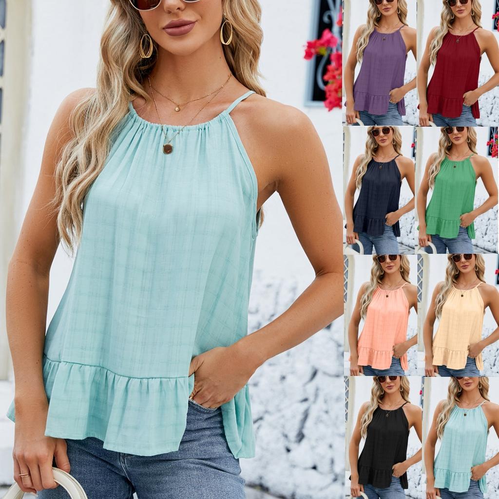 Spring Summer Women's Ruffle Hem Tank Top Sexy Halter Neck Tie Solid Color Camis