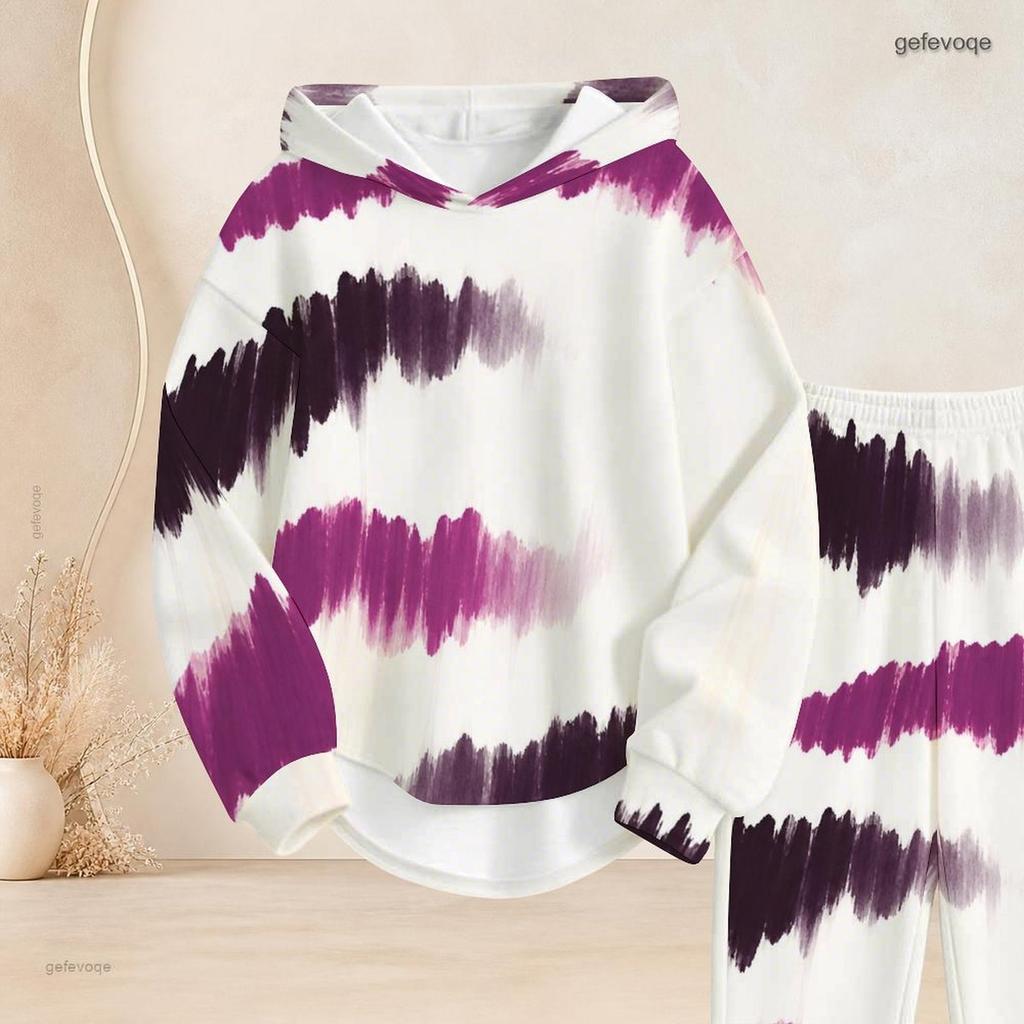 Women Plus Size Blue Printed Two Piece Pants Set Hooded Long Sleeve Top Cuffed Pants