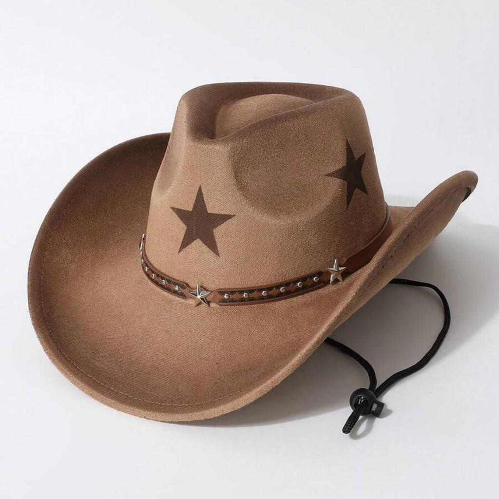 Western-style Tibetan Cowboy Hat for Men and Women, with Five-pointed Star Print, Faux Suede, Rivets, Wide Brim, Outdoor Riding Sun Protection Hat