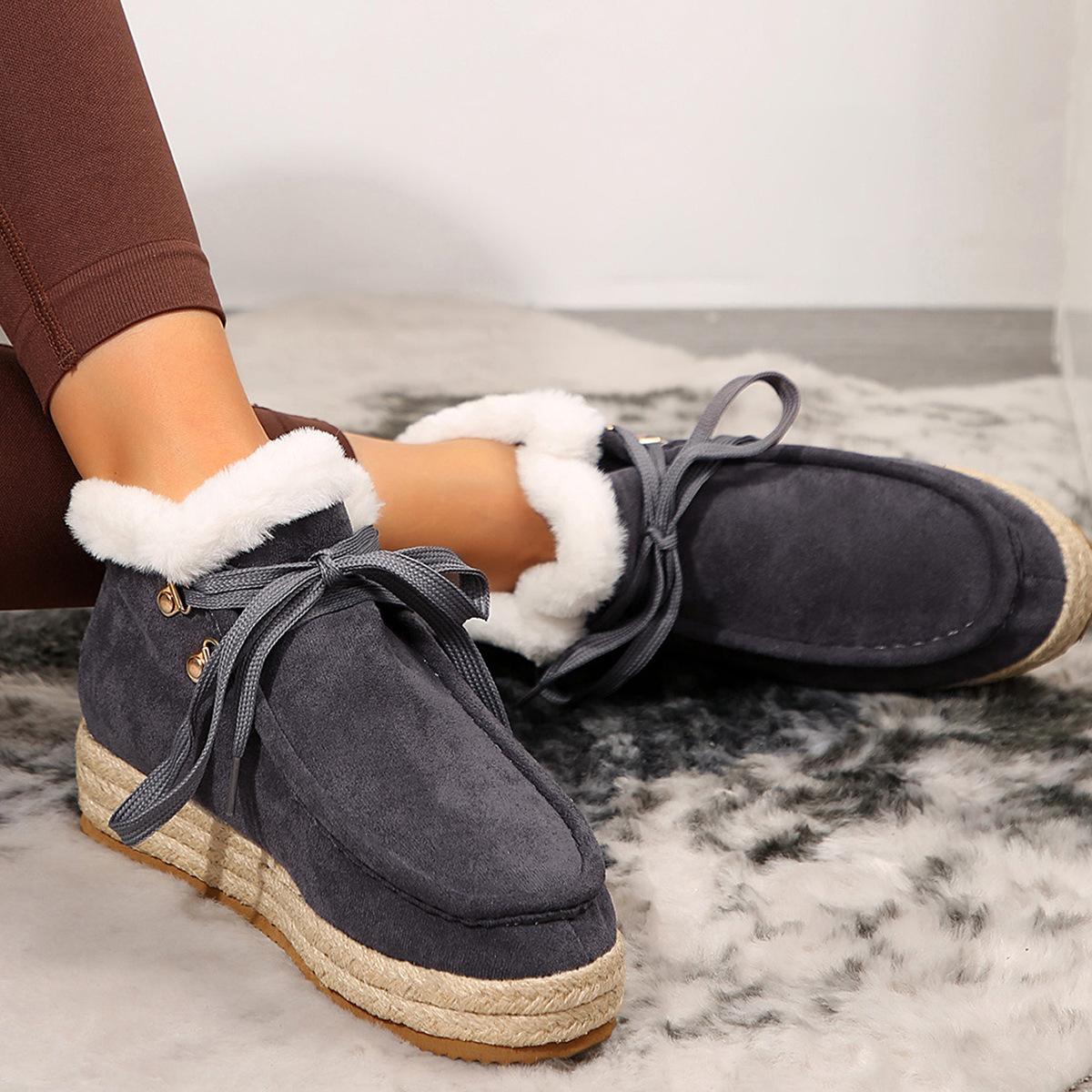 

Large size hemp rope bottom velvet snow boots winter women s large size warm lace-up high-top women s shoes 42