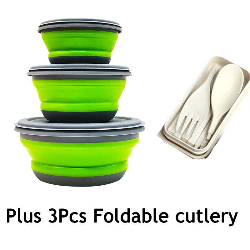 Portable Folding Lunch Box Bowl Sets Silicone 3Pcs/Set Food Container Outdoor Camping Tableware Set Foldable Salad Bowl with Lid