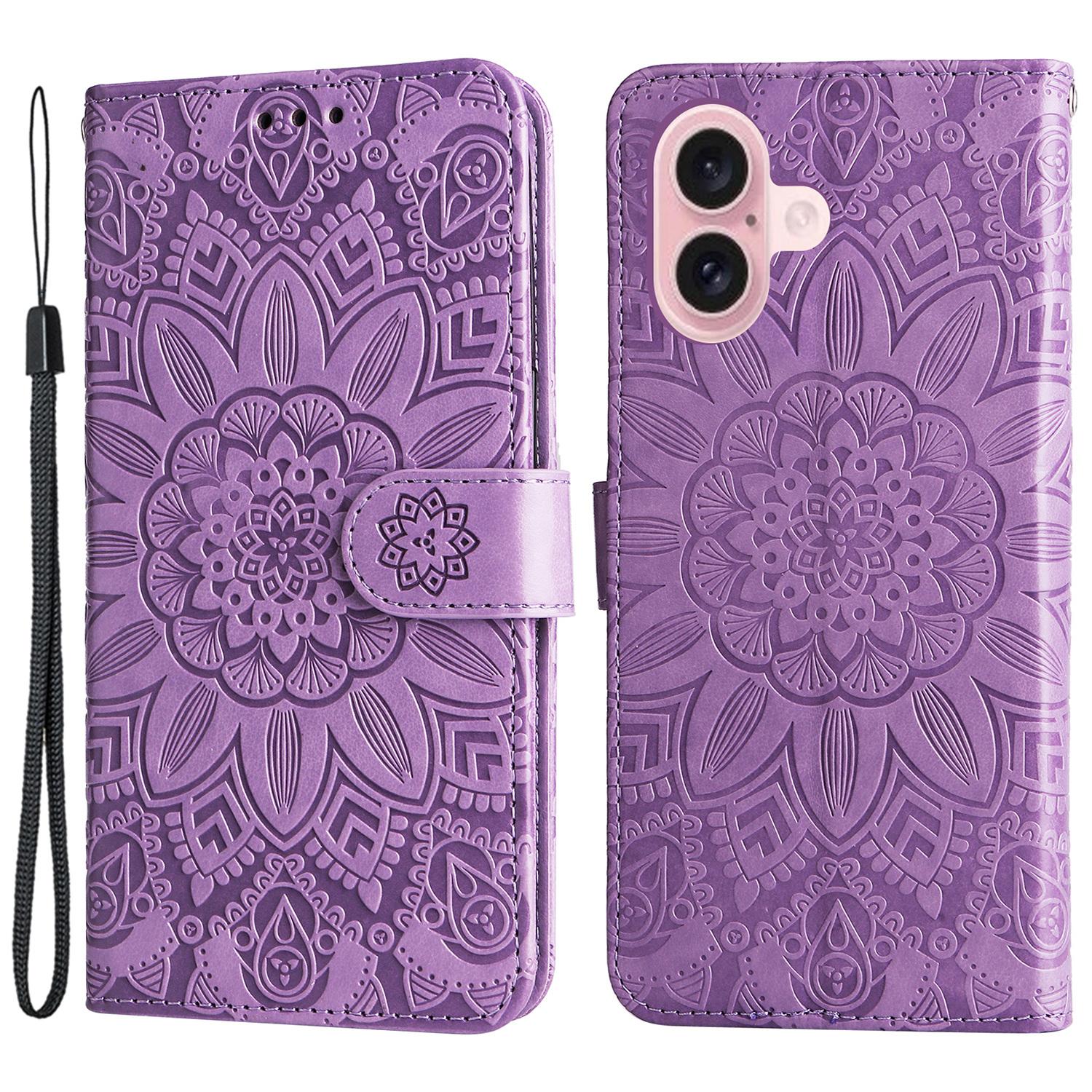 

For iPhone 16 PU Leather Phone Stand Case Imprinted Sunflower Card Holder Phone Cover C